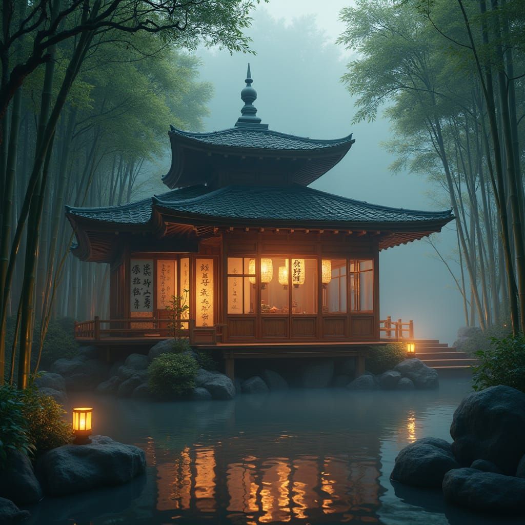 Serene Japanese Teahouse in Misty Bamboo Forest