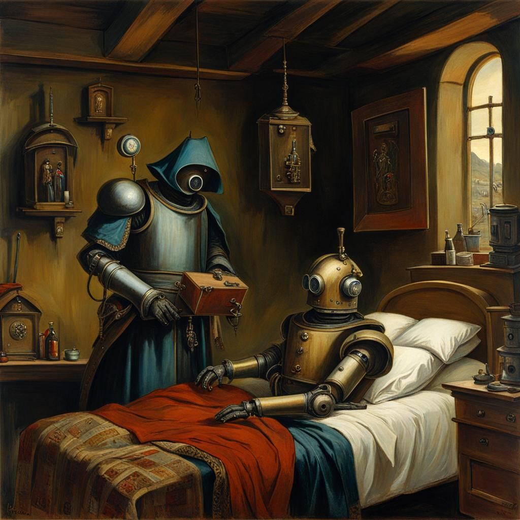 Plague Doctor Robot Scene in Doré Style