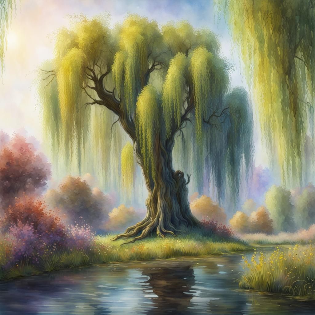 Willow Tree in Watercolor, Monet Style