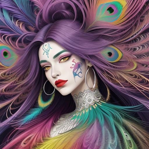Abstract Portrait: Woman with Peacock Feather Hair