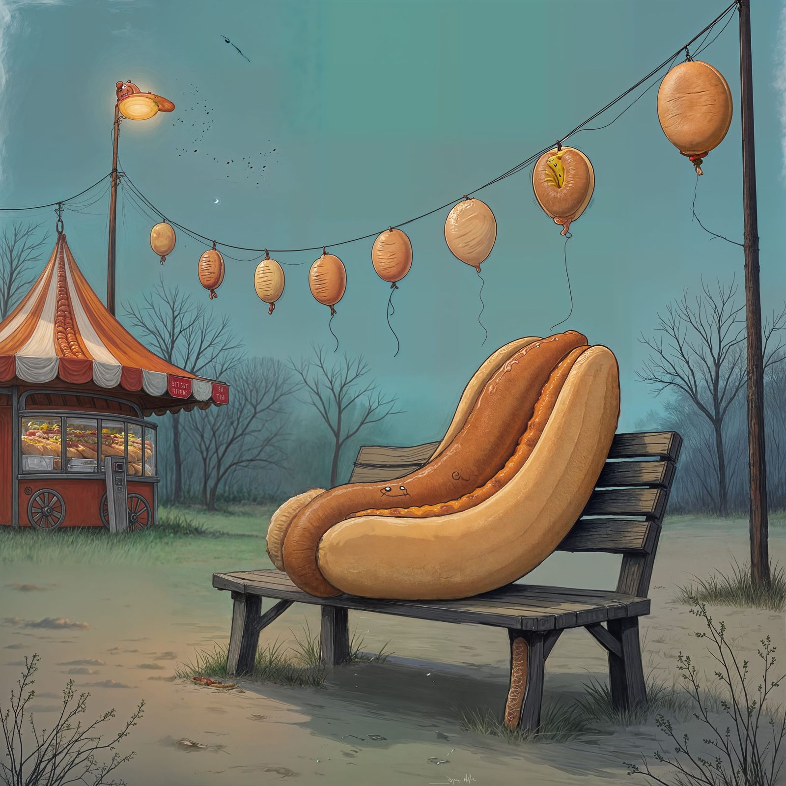 Whimsical Hot Dog Contemplates Forgotten Fairground