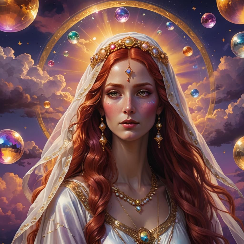 Goddess with Red Hair in Fantasy Landscape