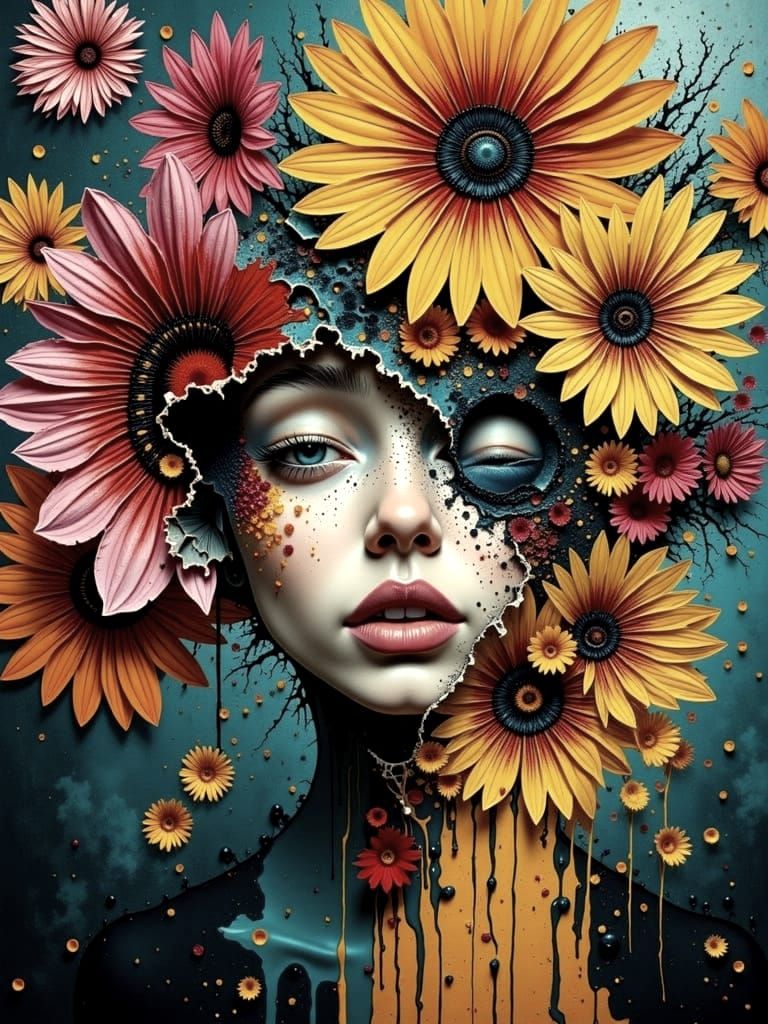 Floral Portrait in Abstract Expressionist Action Painting St...