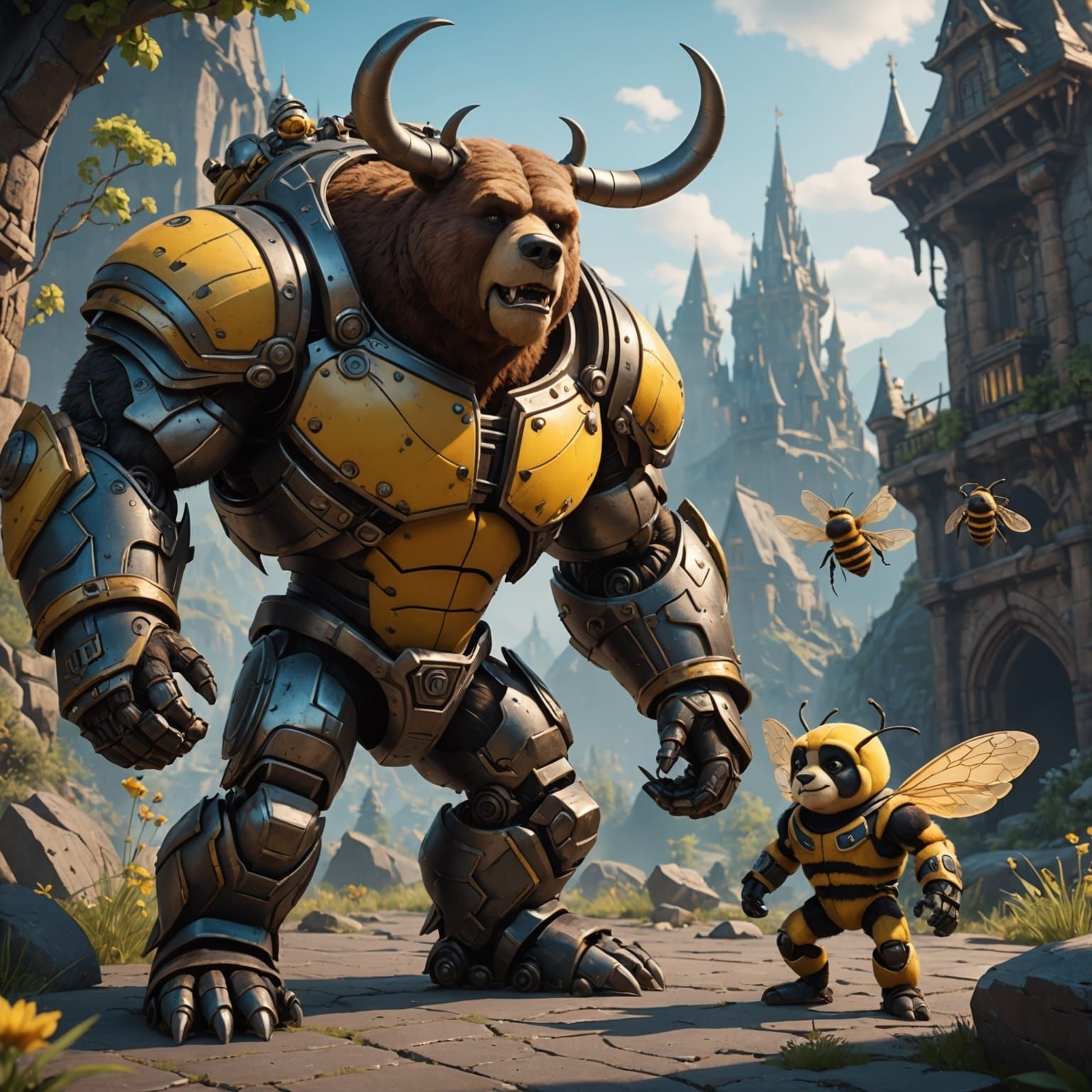 Cartoon of Iron Bear and Bee in Fantasy Style