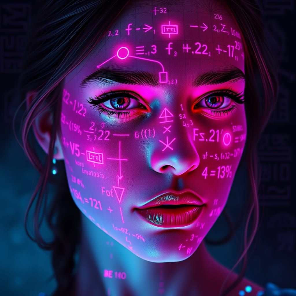 Cyberpunk Portrait with Holographic Equations in Digital Art...