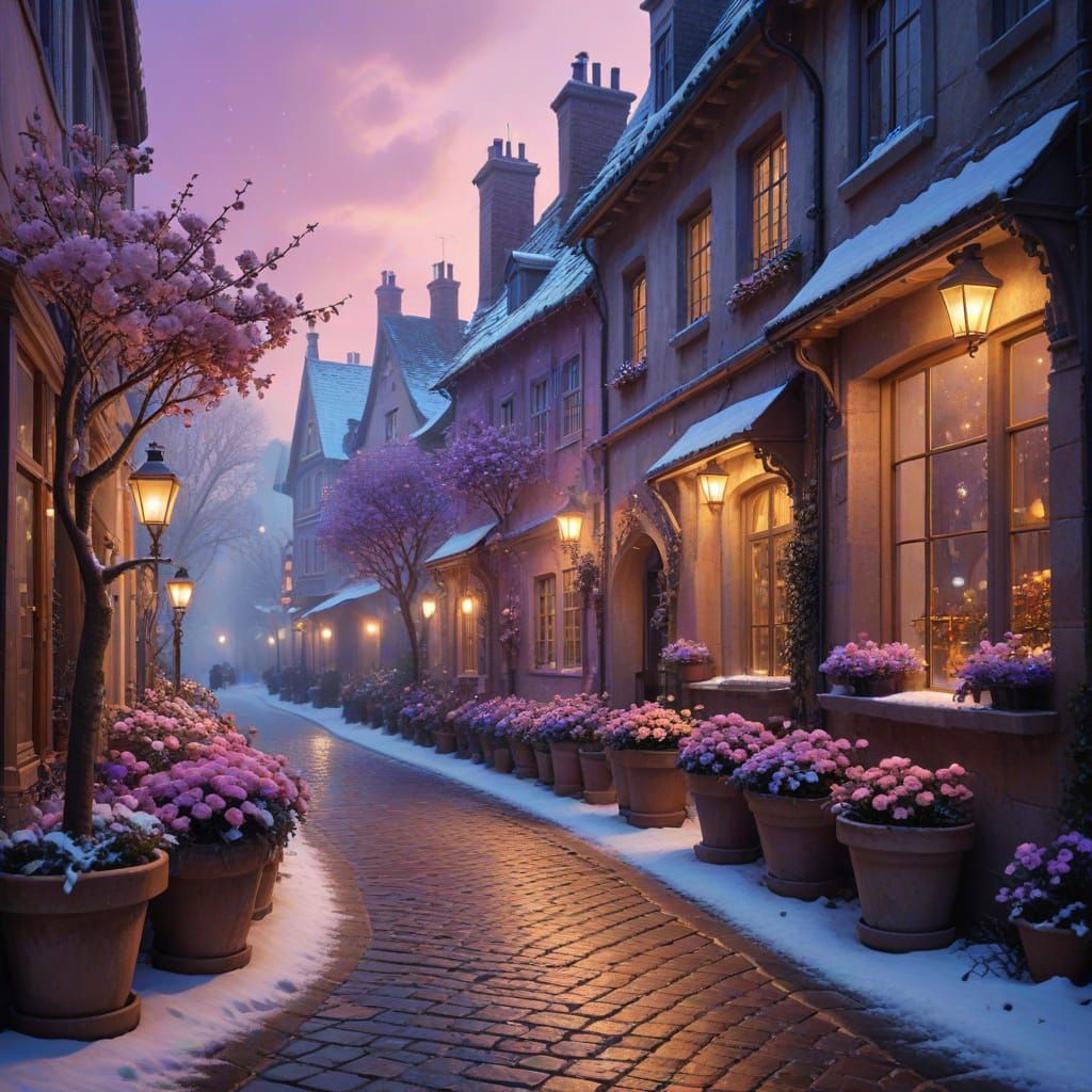 Magical Winter Twilight in European Village Street