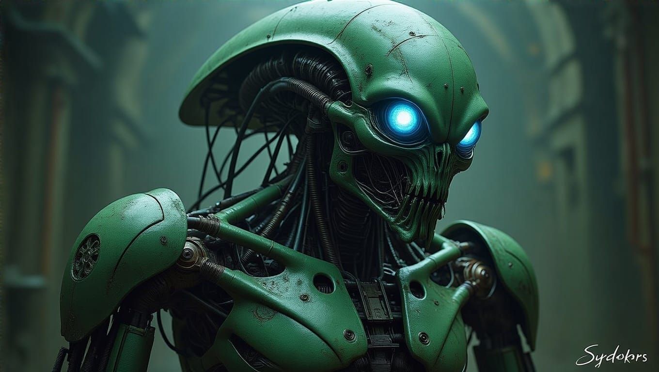 Cybernetic Horror Robot in Dark, Industrial Aesthetic