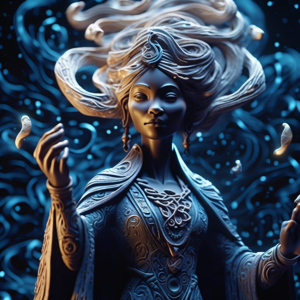 Mystical Clay Sorceress in Swirling Storm: Fantasy Art