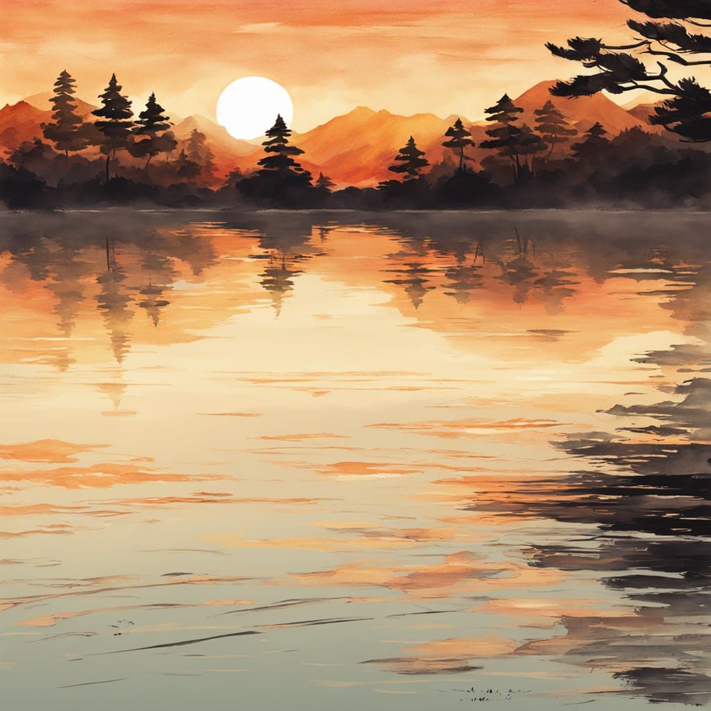 Serene Lake at Sunset in Traditional Japanese Sumi-e Ink Sty...
