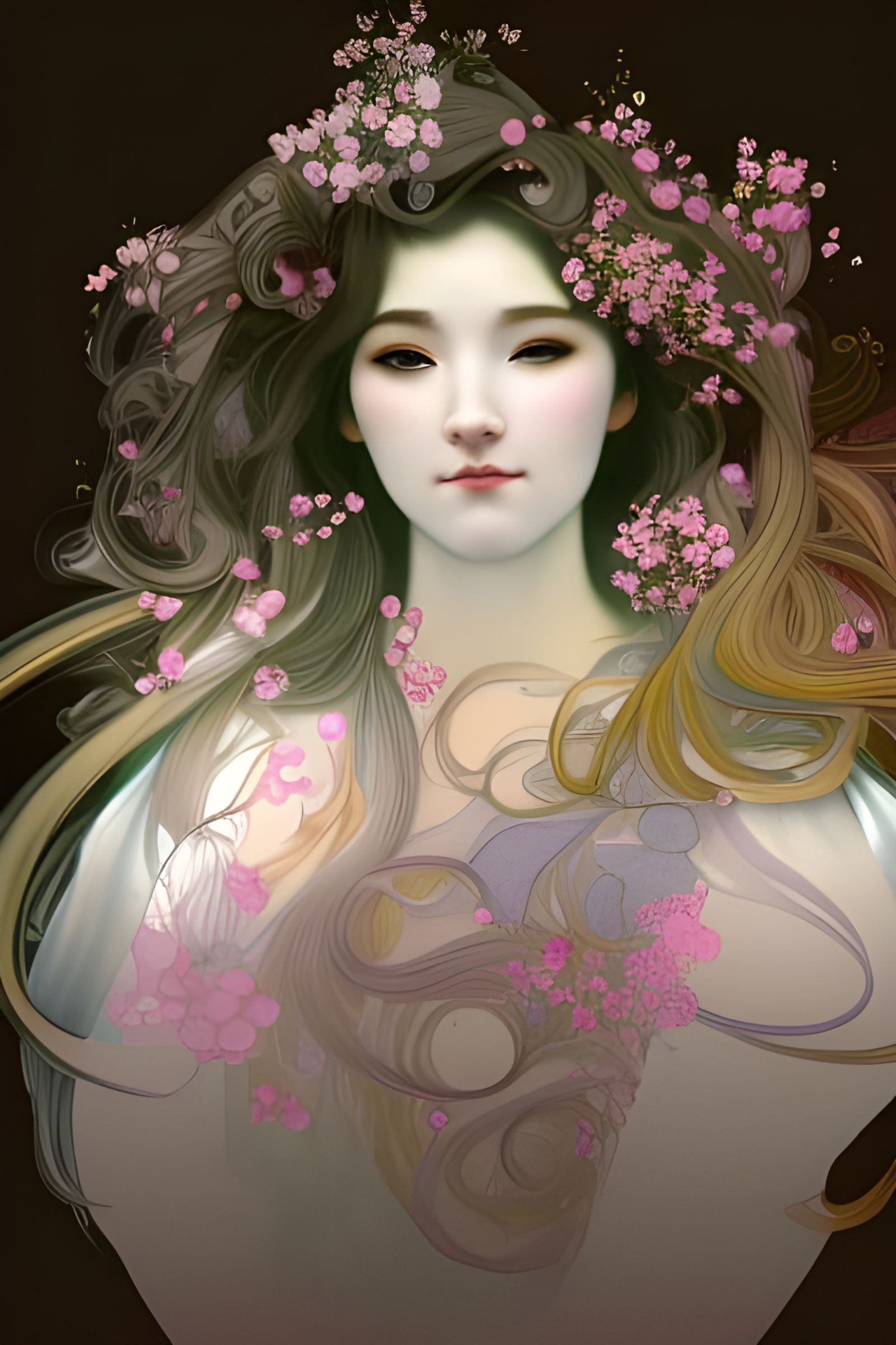 Cherry Blossom Goddess Portrait in Art Nouveau Style