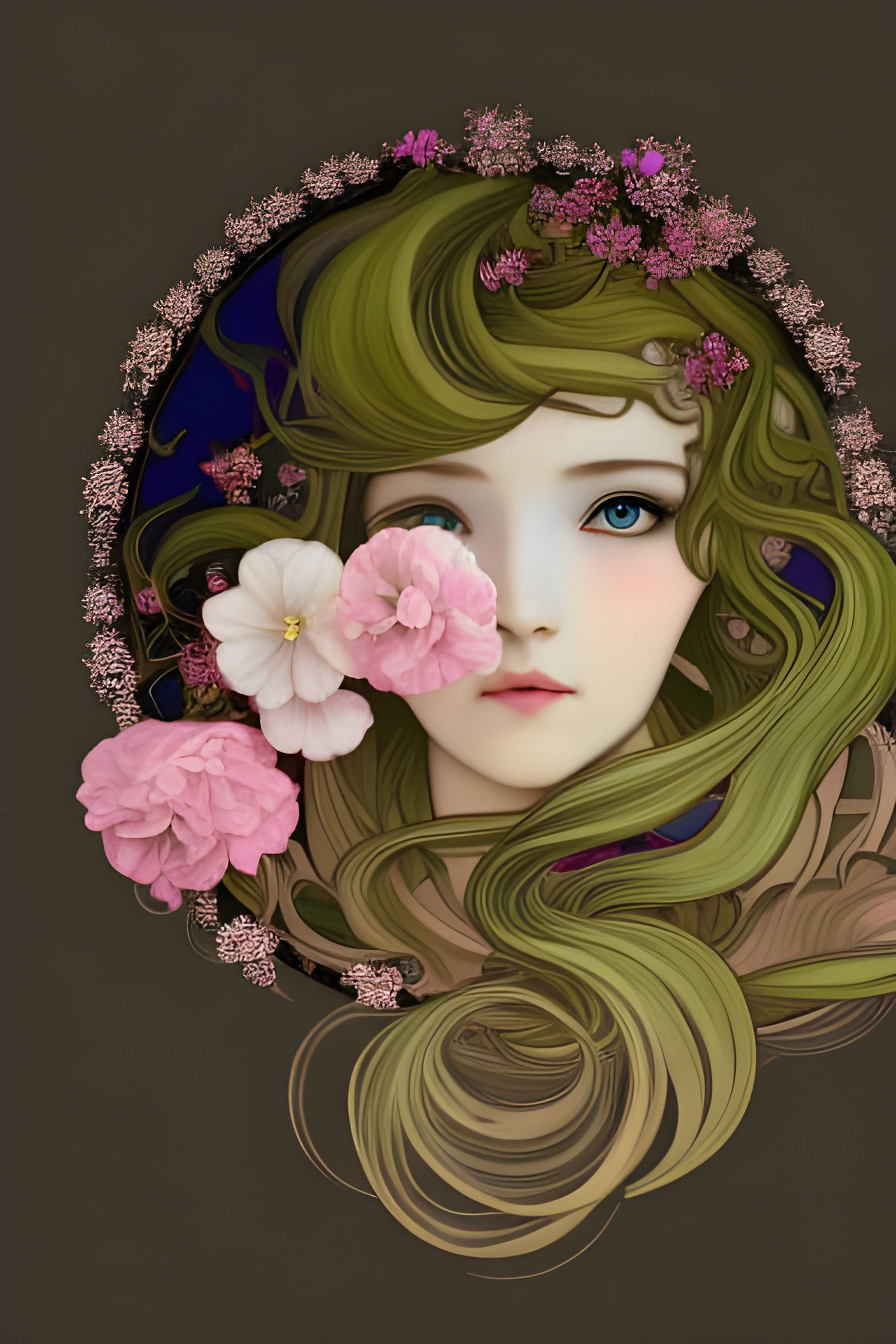 Cherry Blossom Goddess Portrait in Art Nouveau Style