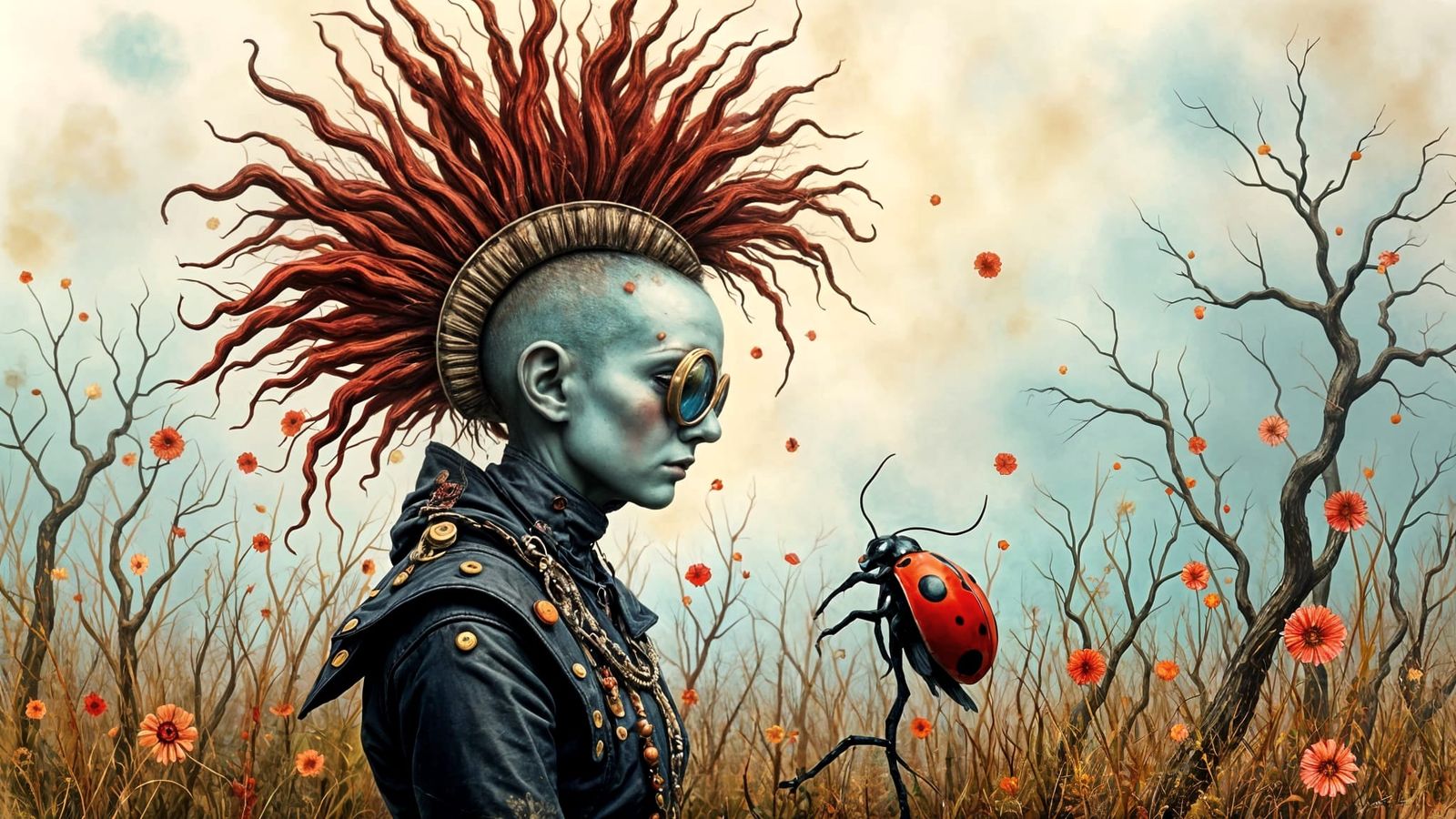 Steampunk Pelota Player and Ladybug in Watercolor