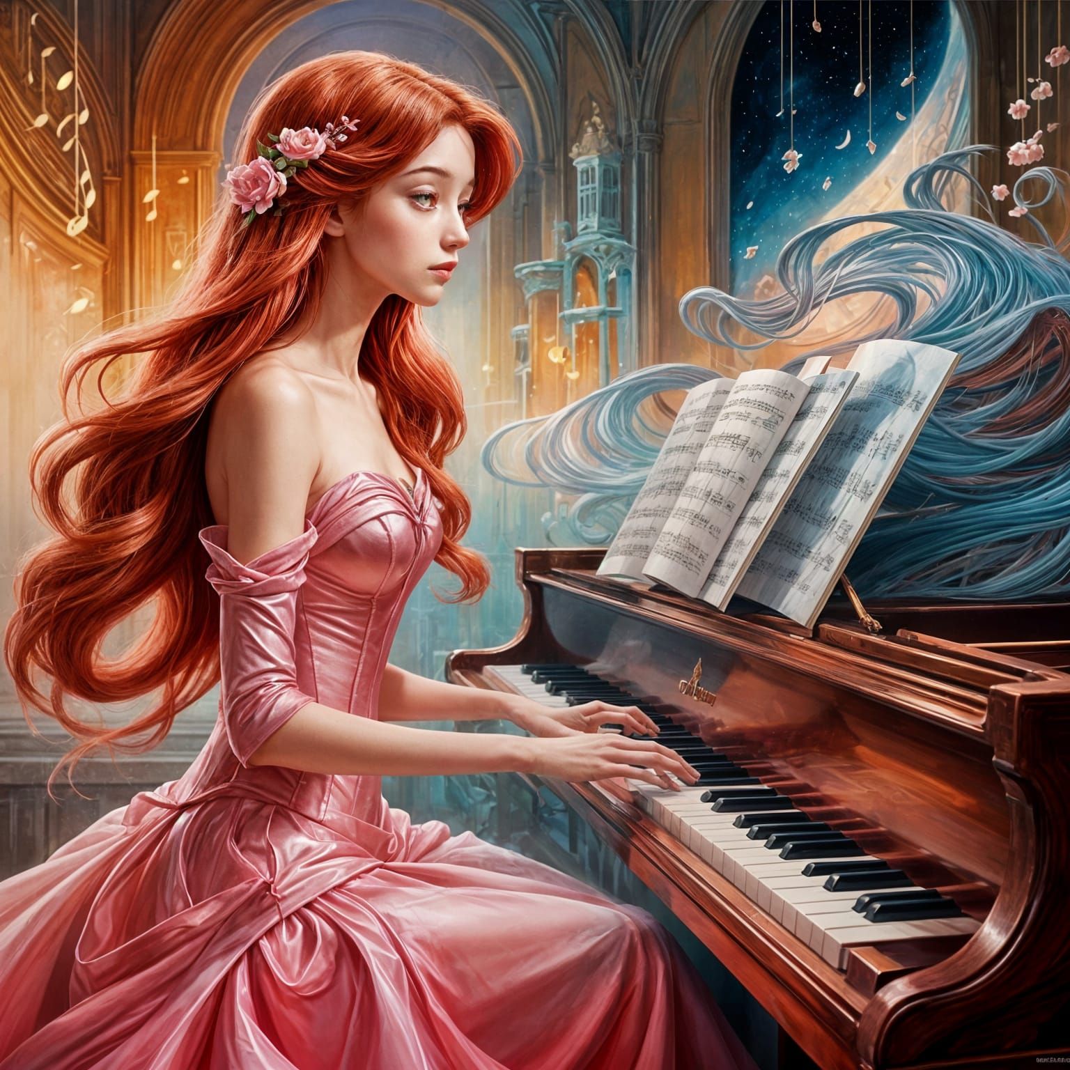 Ariel Plays Enchanted Piano in Oil Painting