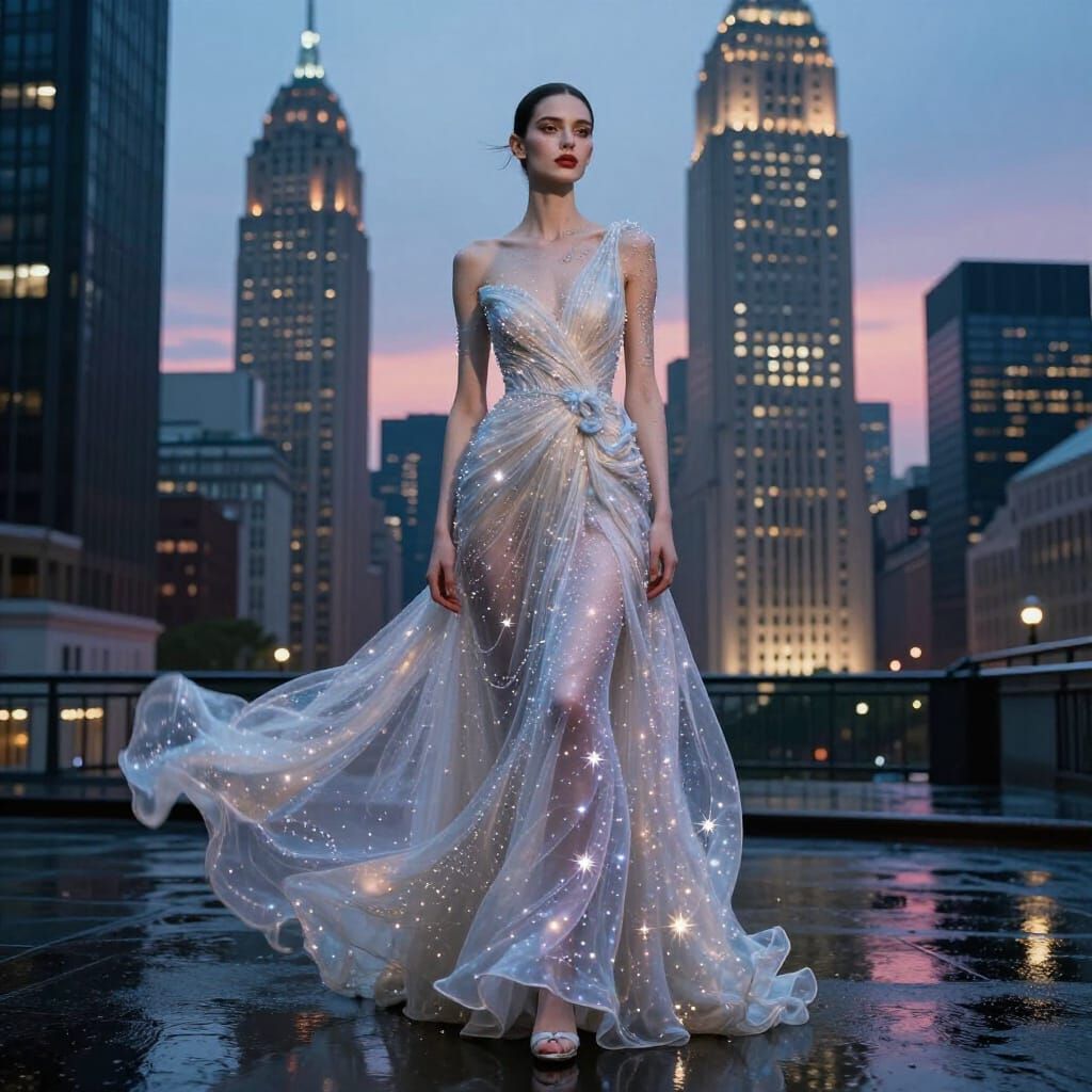 Ethereal Fashion Model on Rain-Slicked Cityscape