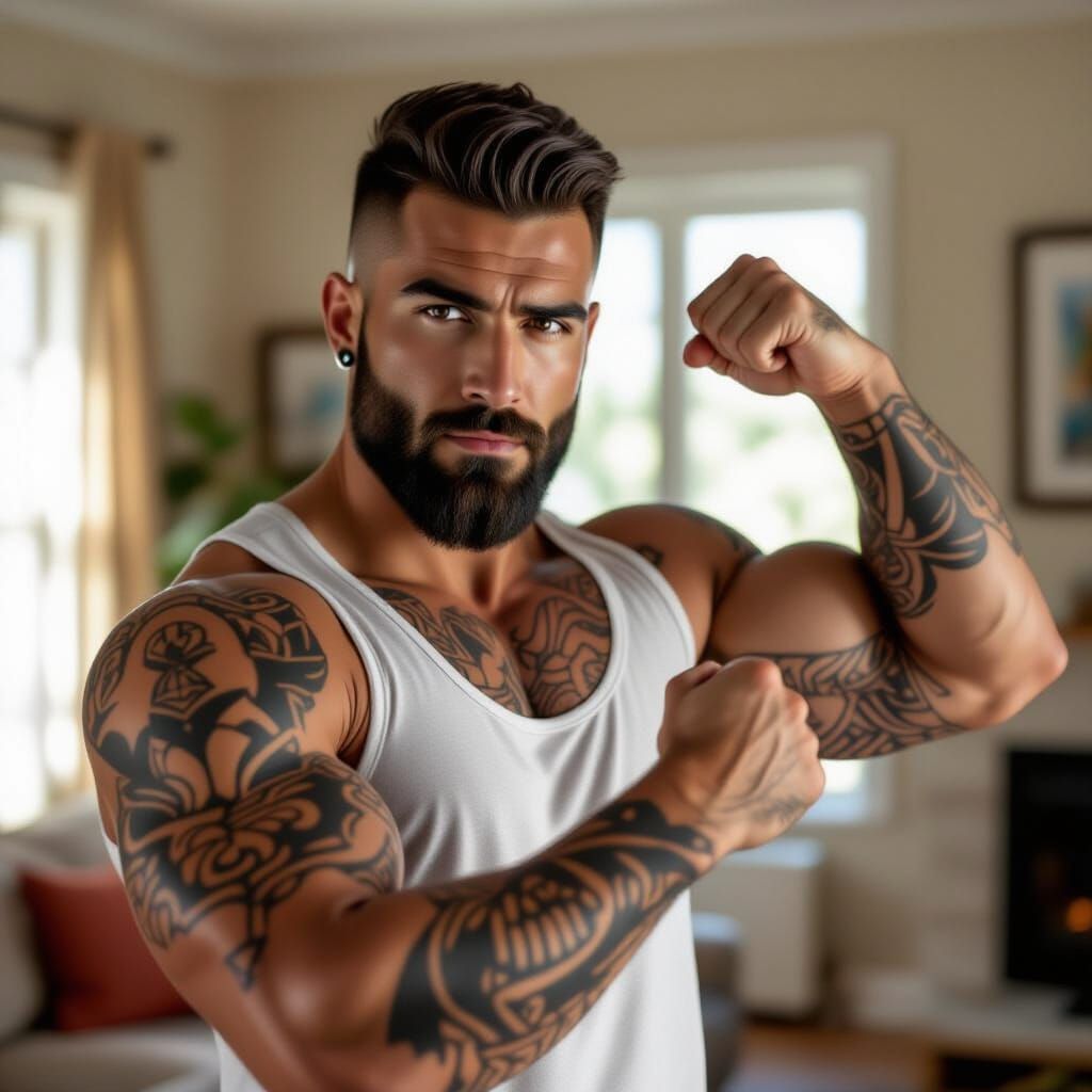 Muscular Arab Man Flexing Bicep in Hyper-Realistic Style