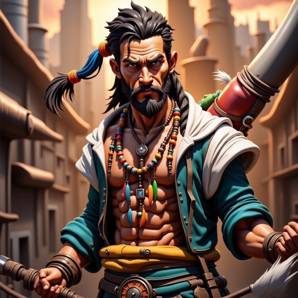 Epic Pirate Cultivator Close-Up in Vibrant Industrial Style