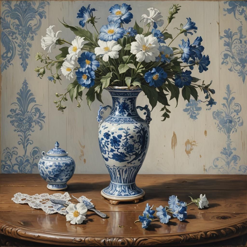 Porcelain Vase Still Life in Oil Painting Style