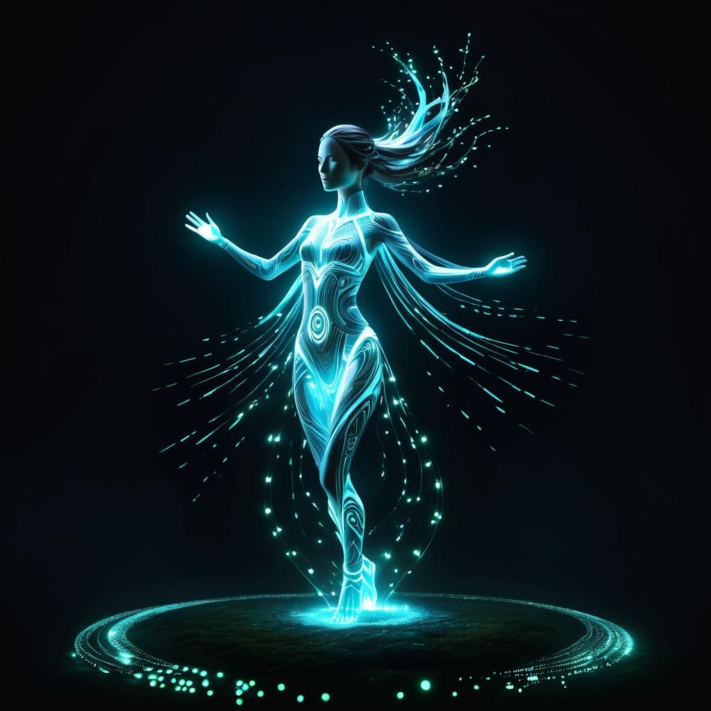 Digital Female Figure Made of Glowing Runes