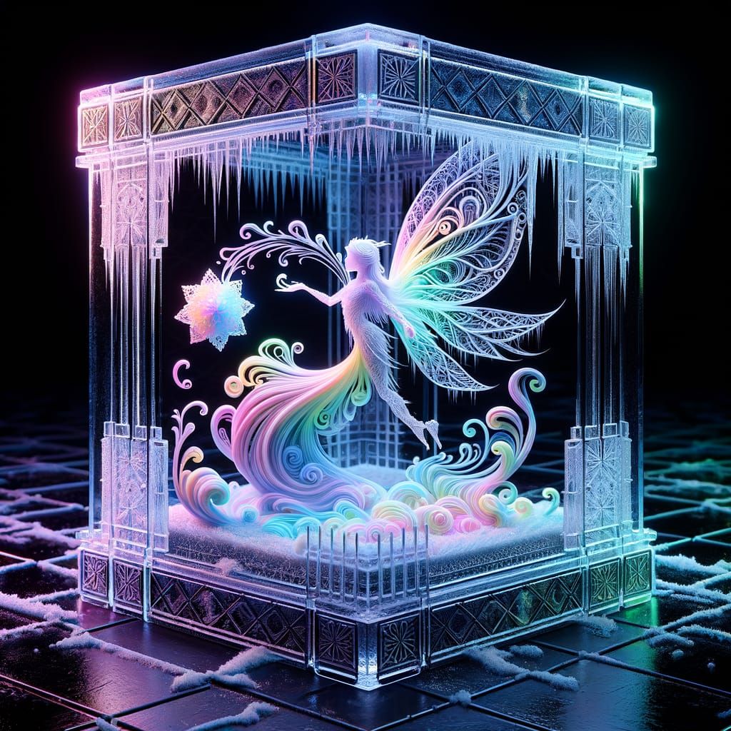 Icy Glass Fairy Encased in Neon Rainbow Glow