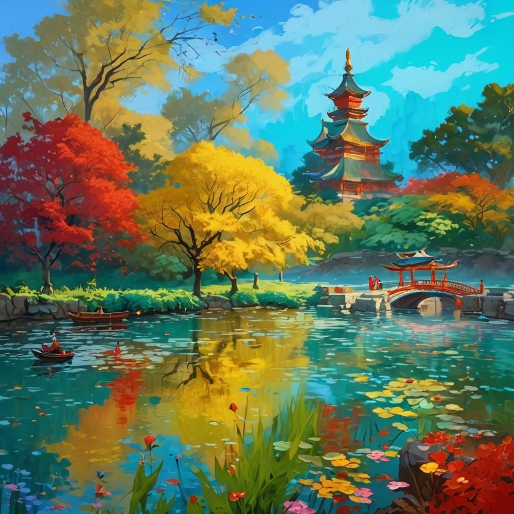 Ethereal Oriental Woman Painting Serene Waters