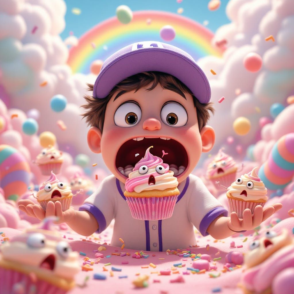 Whimsical Boy Devours Scared Cupcakes in Candy Land
