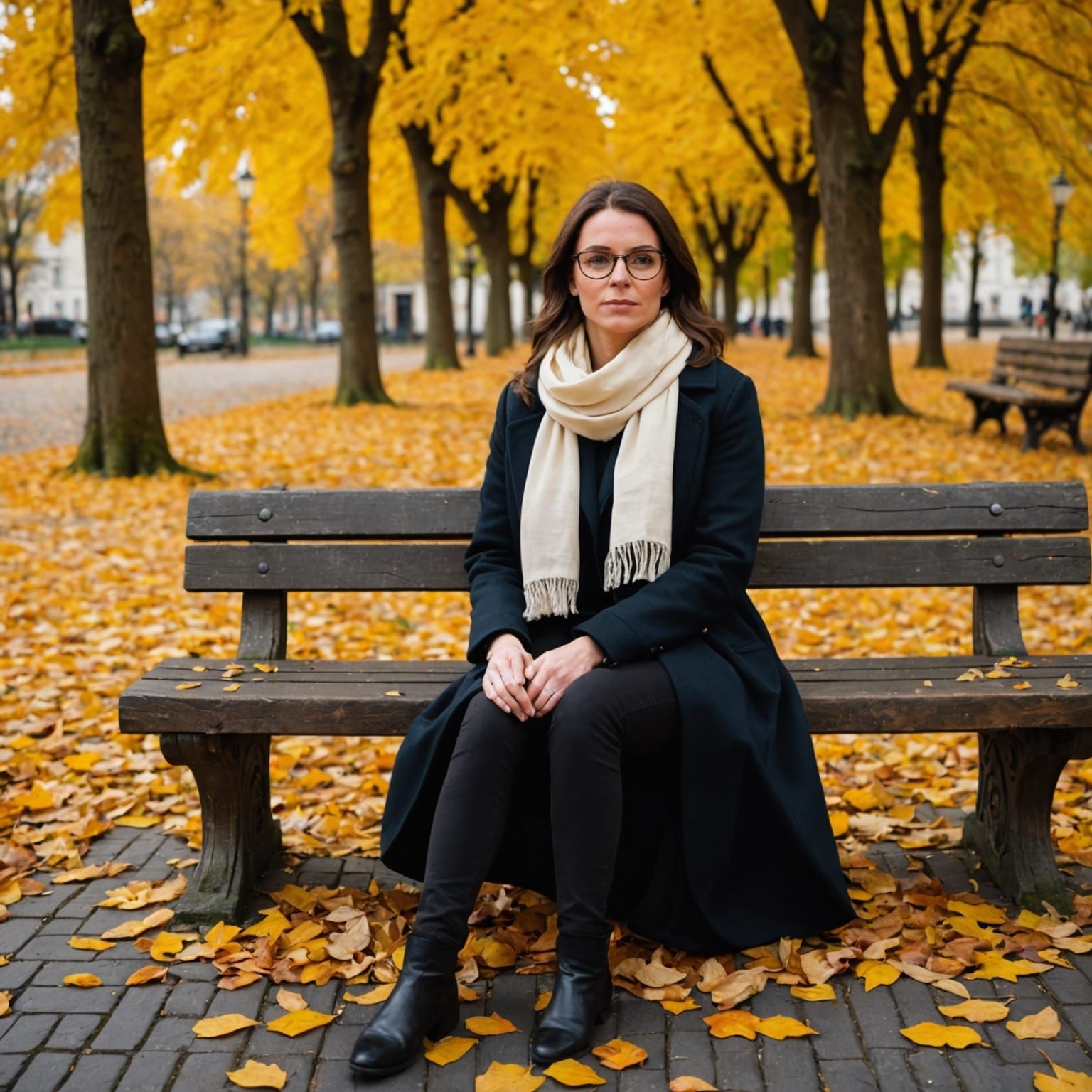 Lonely Brunette in Autumn Park with Soft Lighting