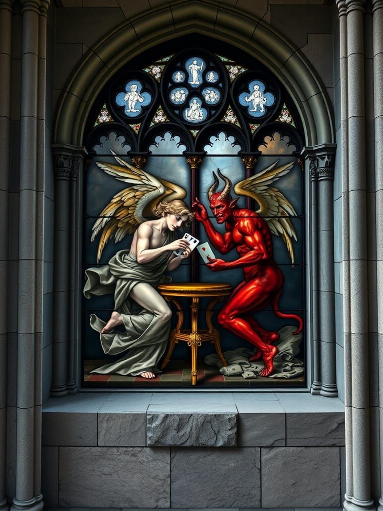 Gothic Angel and Devil in a Stained Glass Window