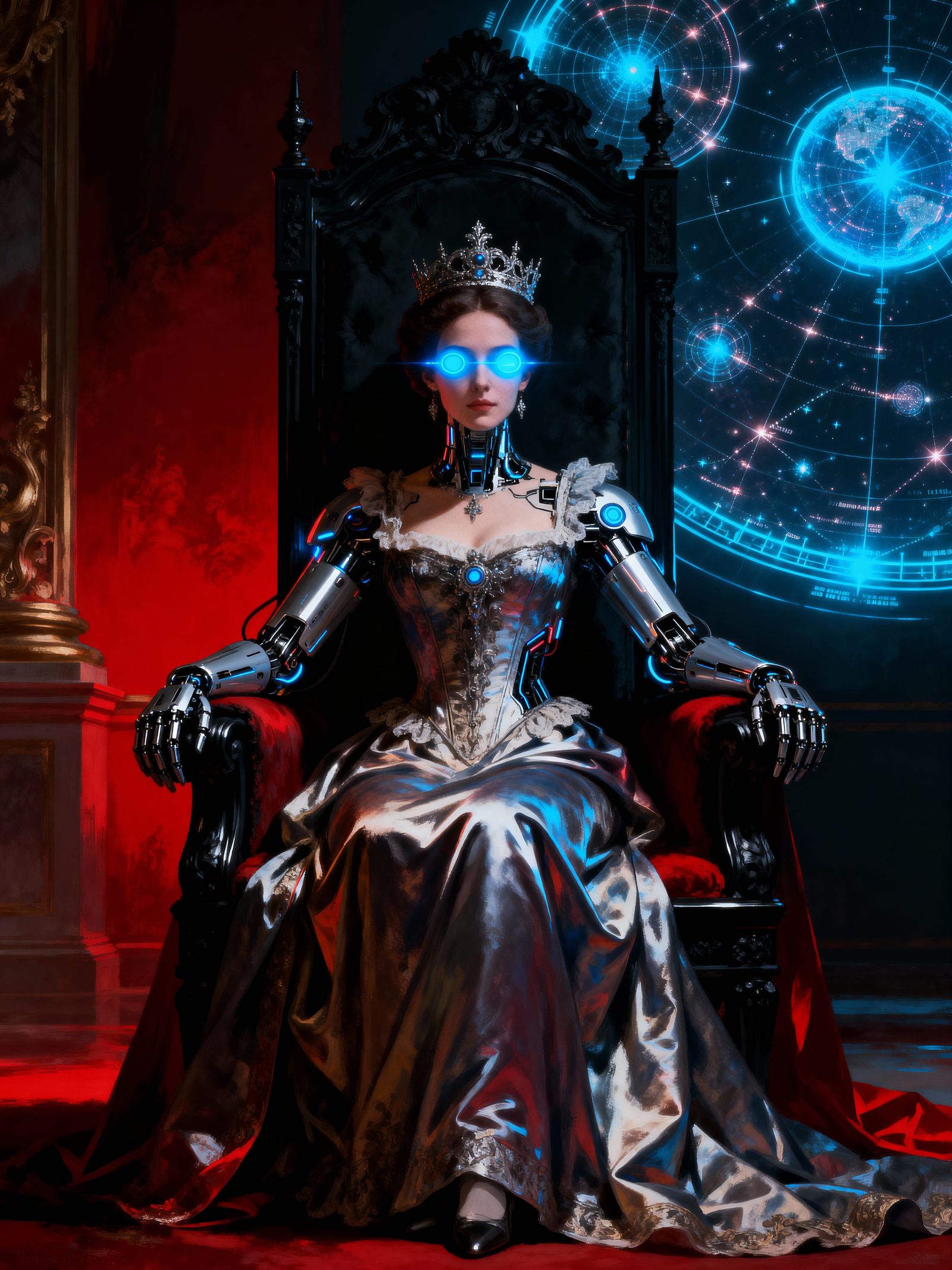 Cybernetic Queen on Chrome Throne in Opulent Throne Room