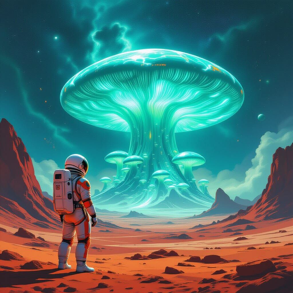Astronaut Gazes at Bioluminescent Mushroom Forest on Alien P...