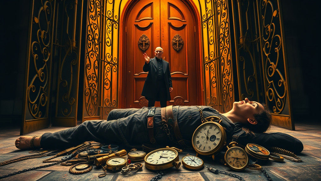 Victorian Steampunk Figure before Iron Gate