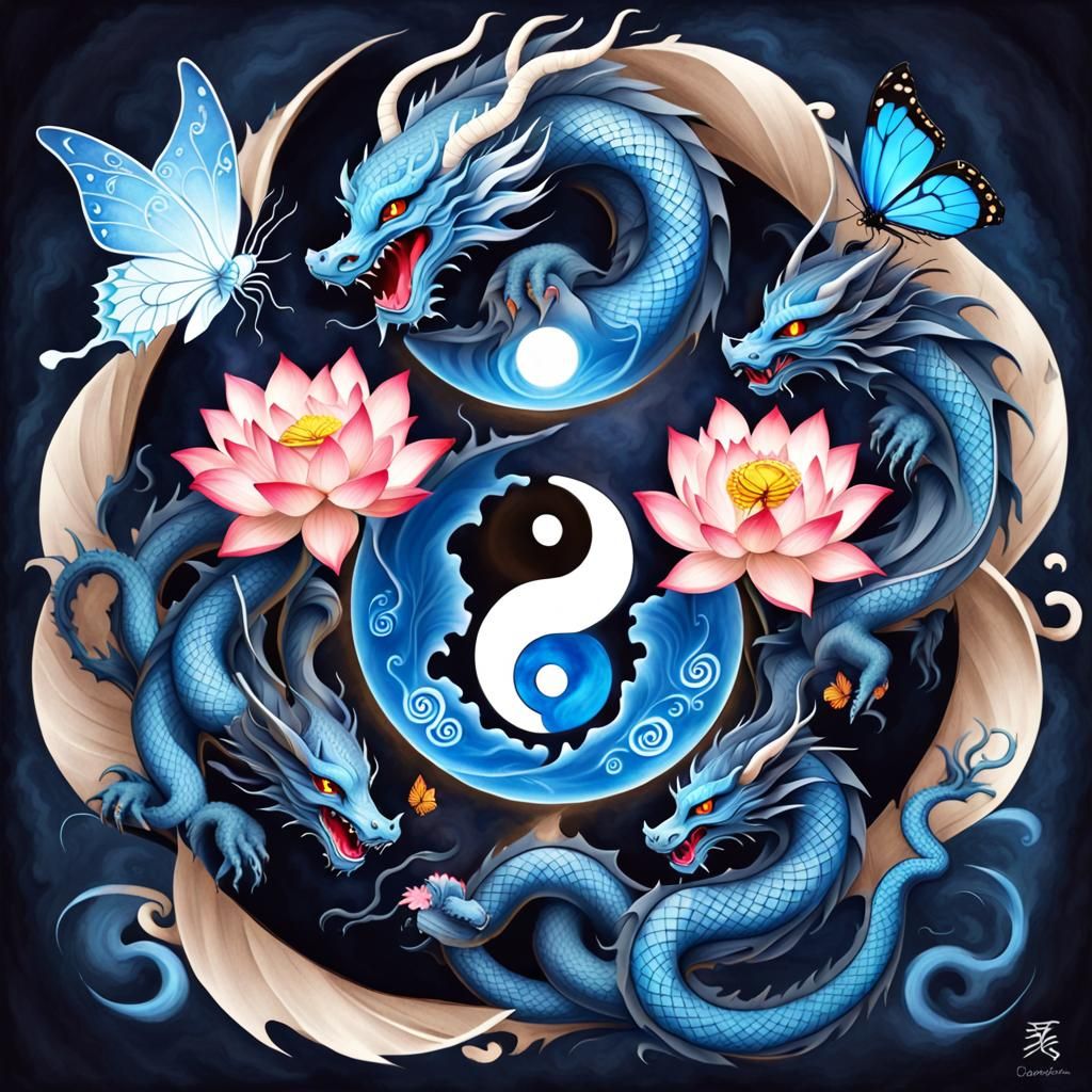 Lotus, Butterfly, and Yin Yang Dragons in Blue