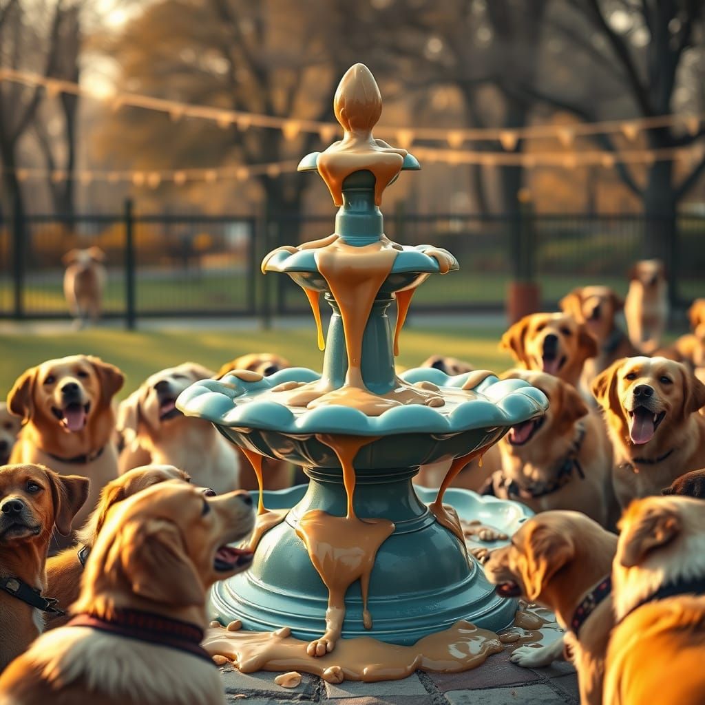 Peanut Butter Fountain in Dog Park, Photorealistic