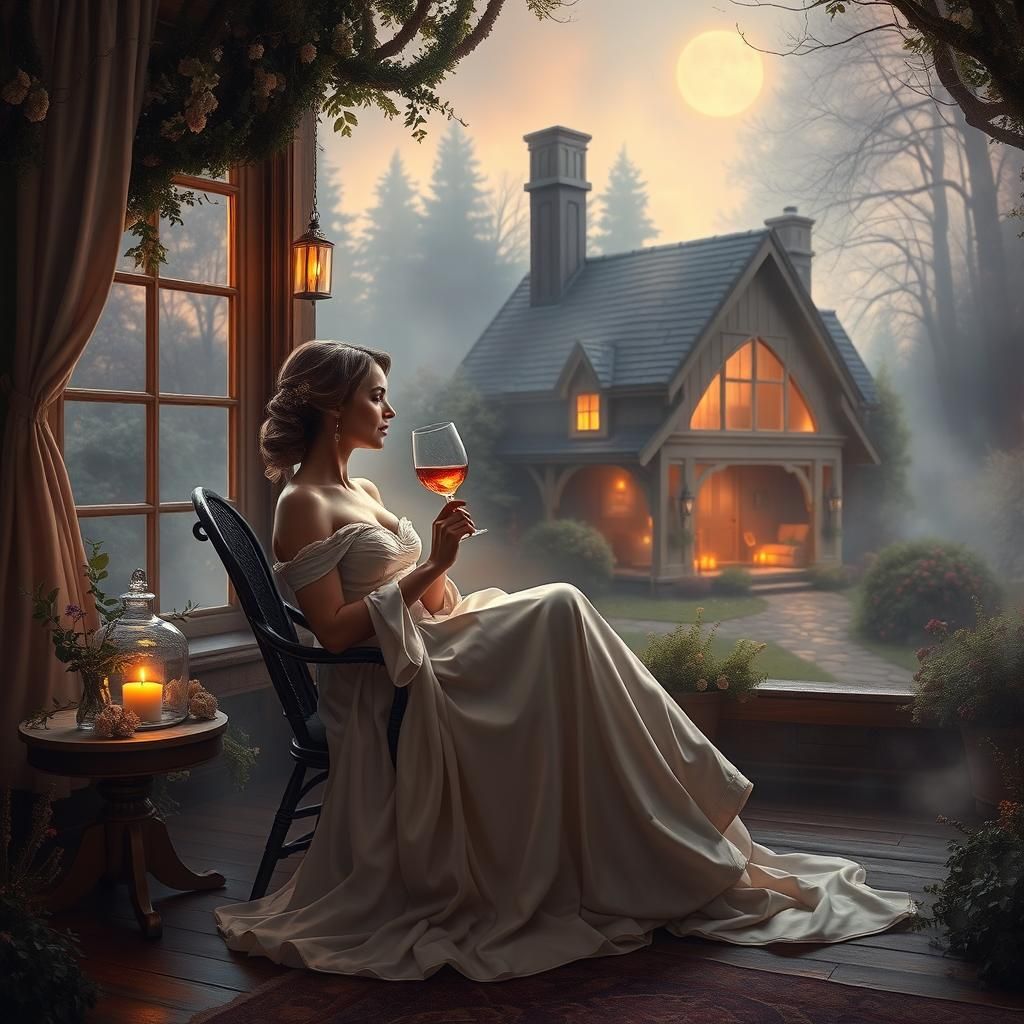 Ethereal Woman's Peaceful Escape in Fantasy Cottage