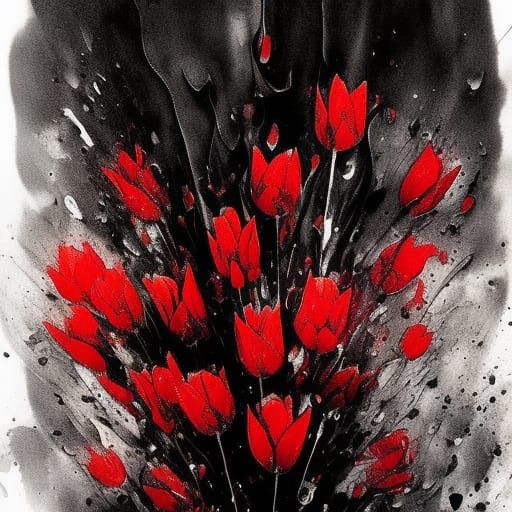 Dramatic Tulip Splash Ink Art in Red, Black, and Gray