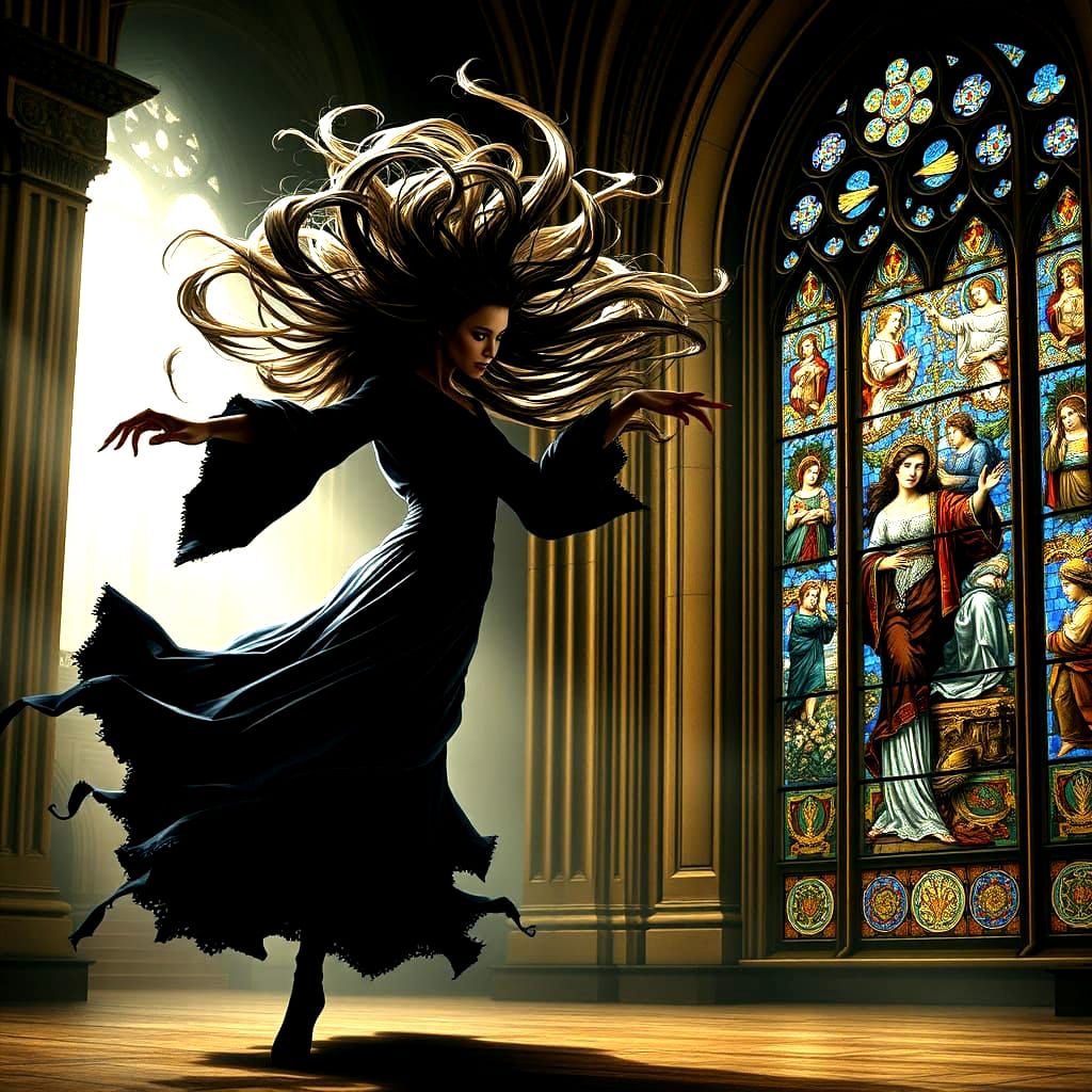 Mystical Witch Dances in Grand Cathedral with Vibrant Staine...