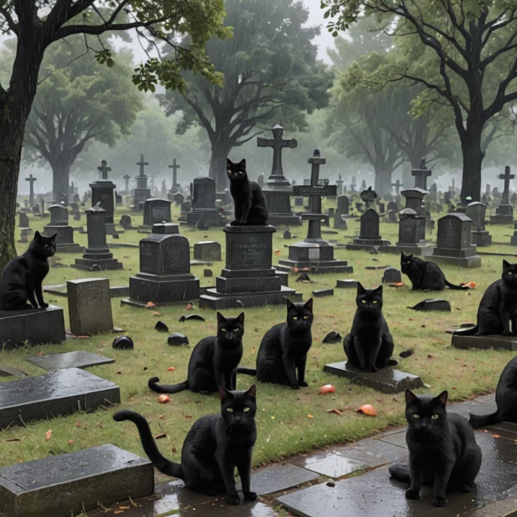Black Cats Gather in Rainy Cemetery