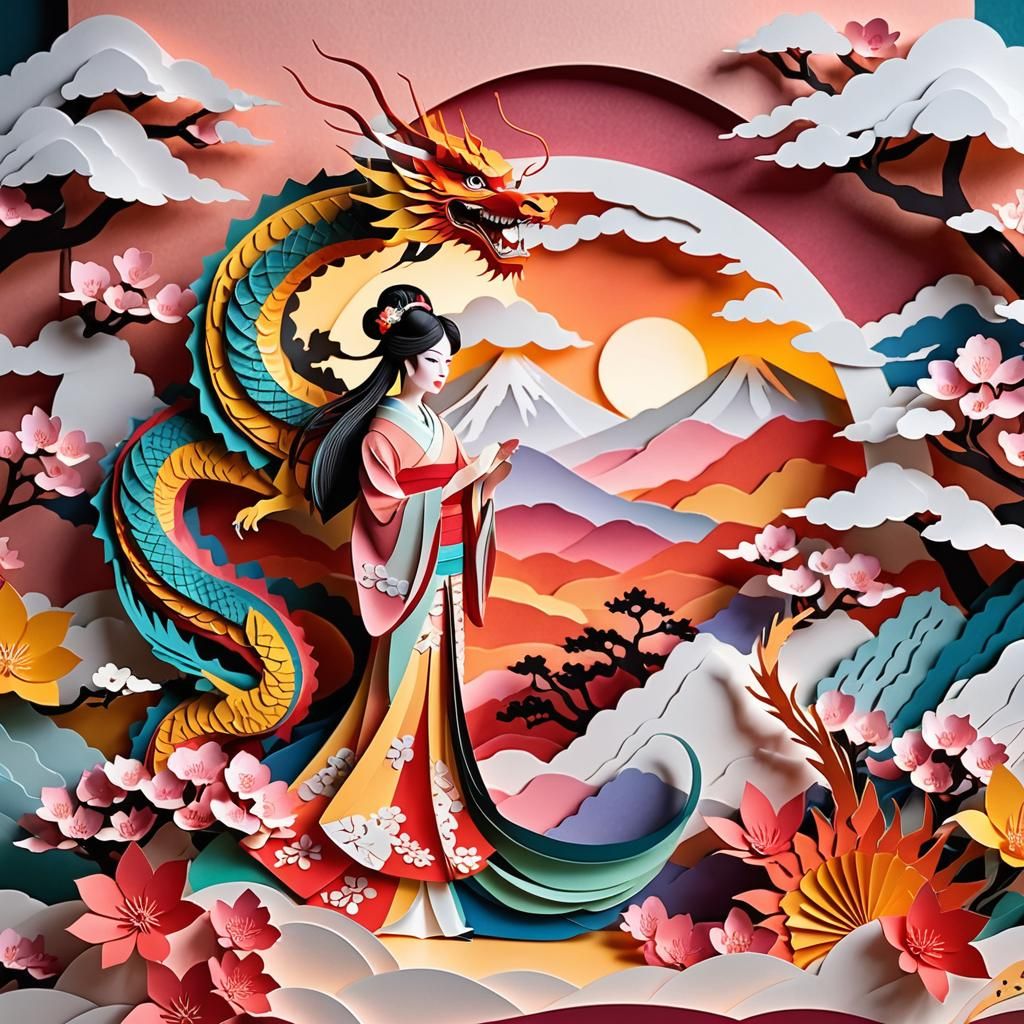 Vibrant Kirigami Dragon and Geisha Papercraft