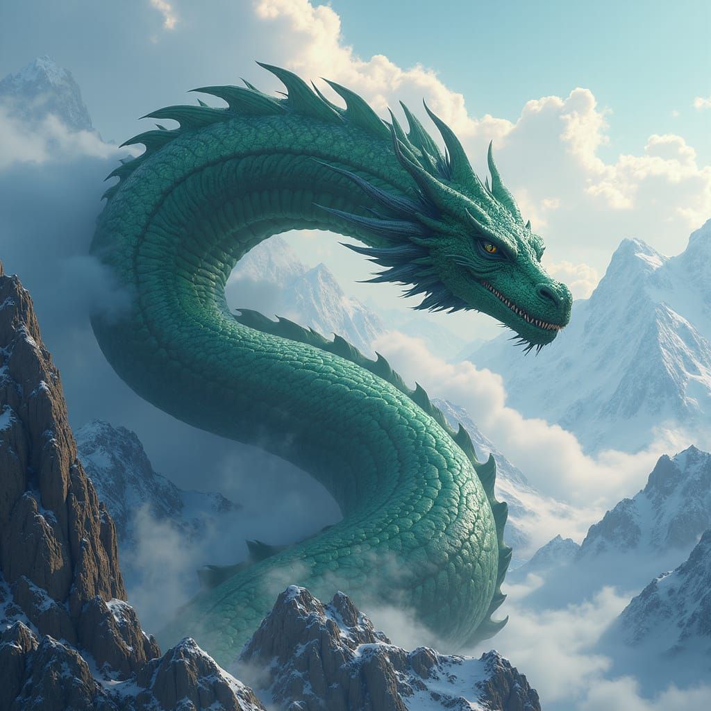 Colossal Dragon Guarding Snowy Peaks