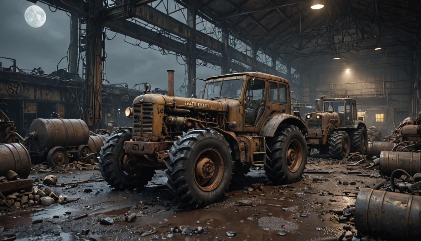 Grimdark 1940s Ruined Workshop with Tractor Truck