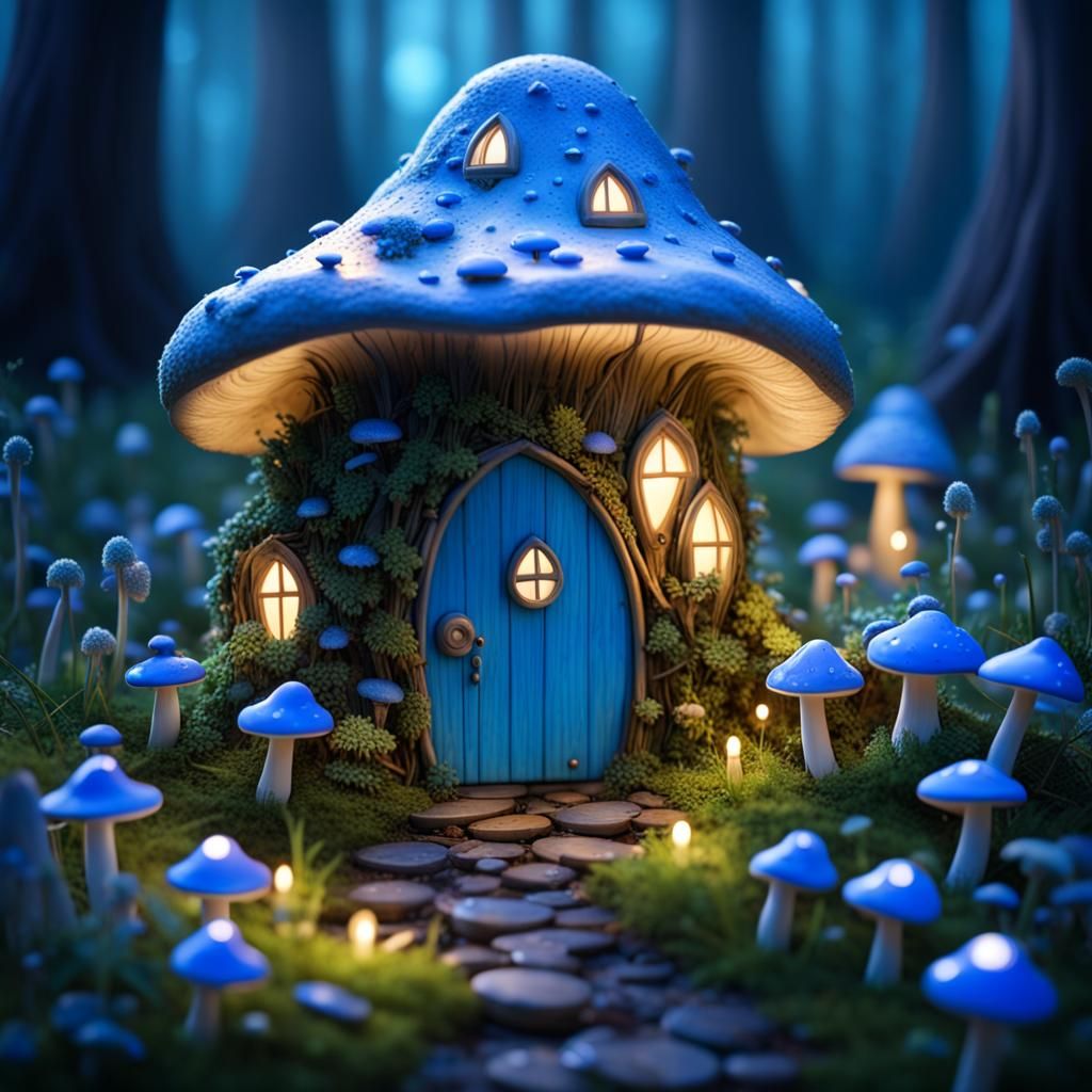Enchanted Fairy Village with Blue Mushroom Homes