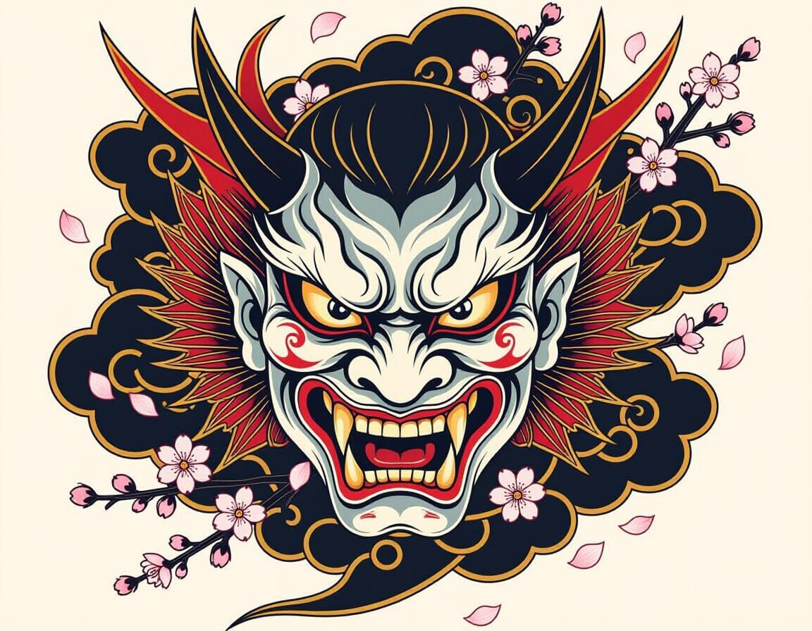 Fierce Hannya Mask Tattoo Design with Cherry Blossoms