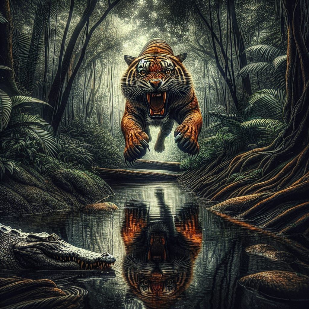 Tiger Leaping from Tree in Tropical Rainforest in HDR Oil Pa...