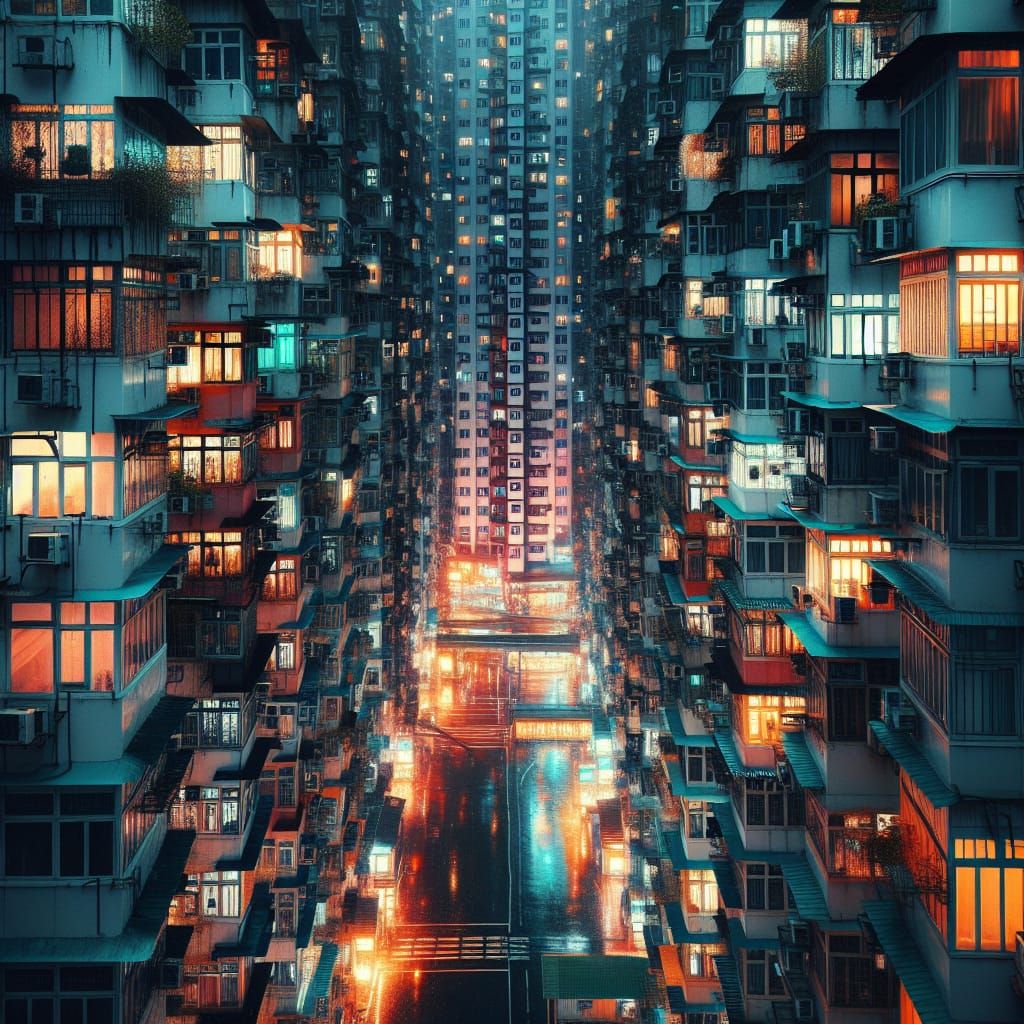 Rainy Cityscape: High-Rise Reflections in Cyberpunk Style