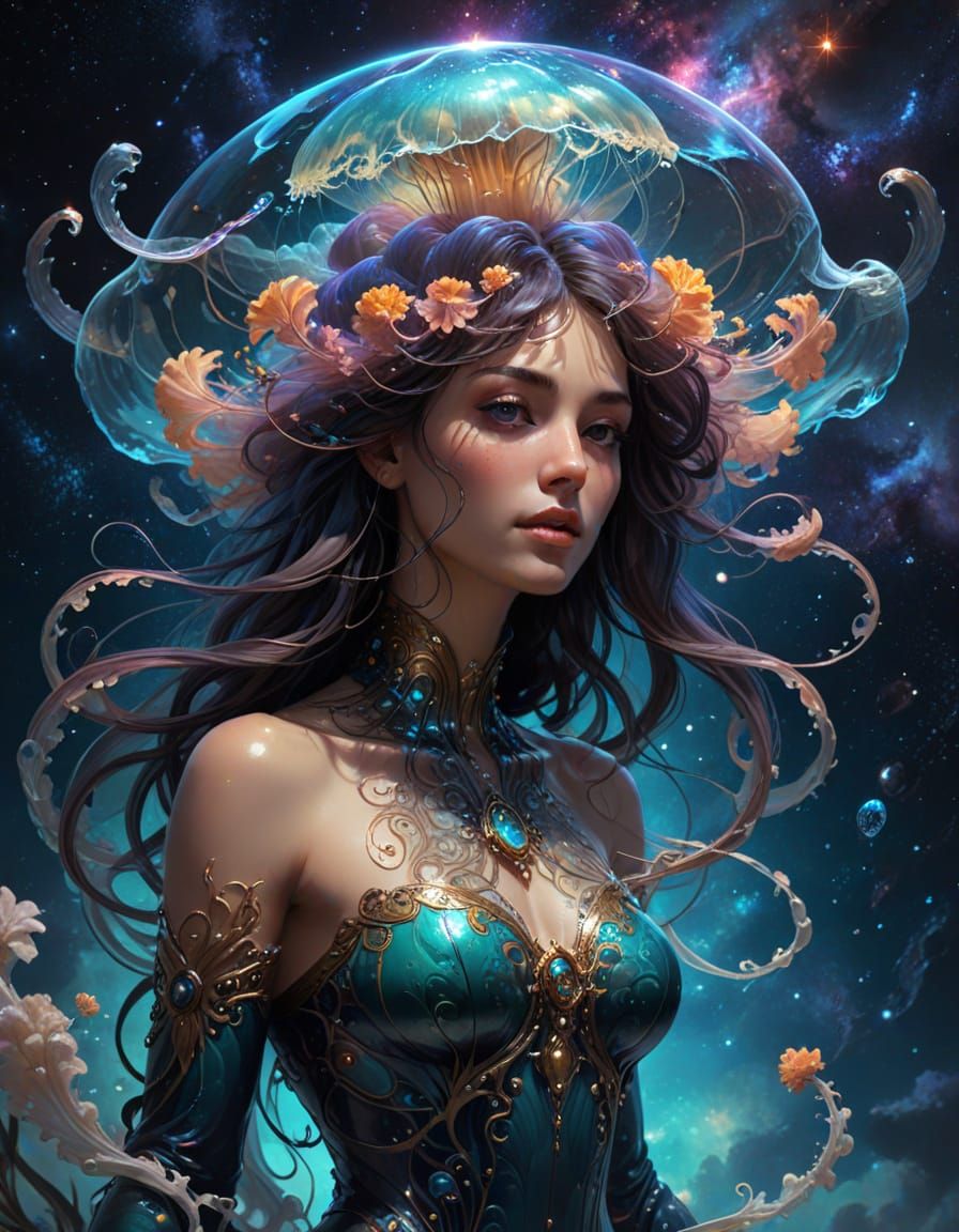 Cosmic Jellyfish Goddess in Art Nouveau Style