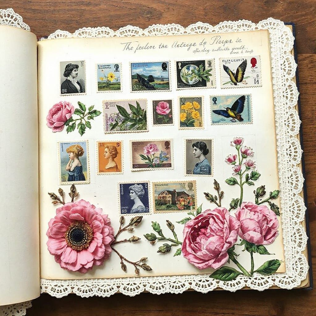 Vintage Stamp Collection Scrapbook Page in Mixed Media