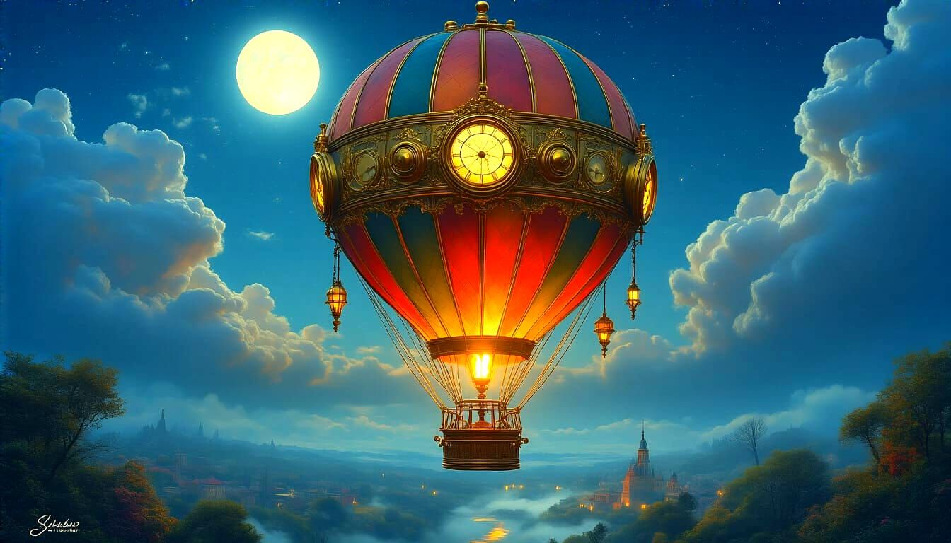 Victorian Hot Air Balloon Over Dreamy Landscape
