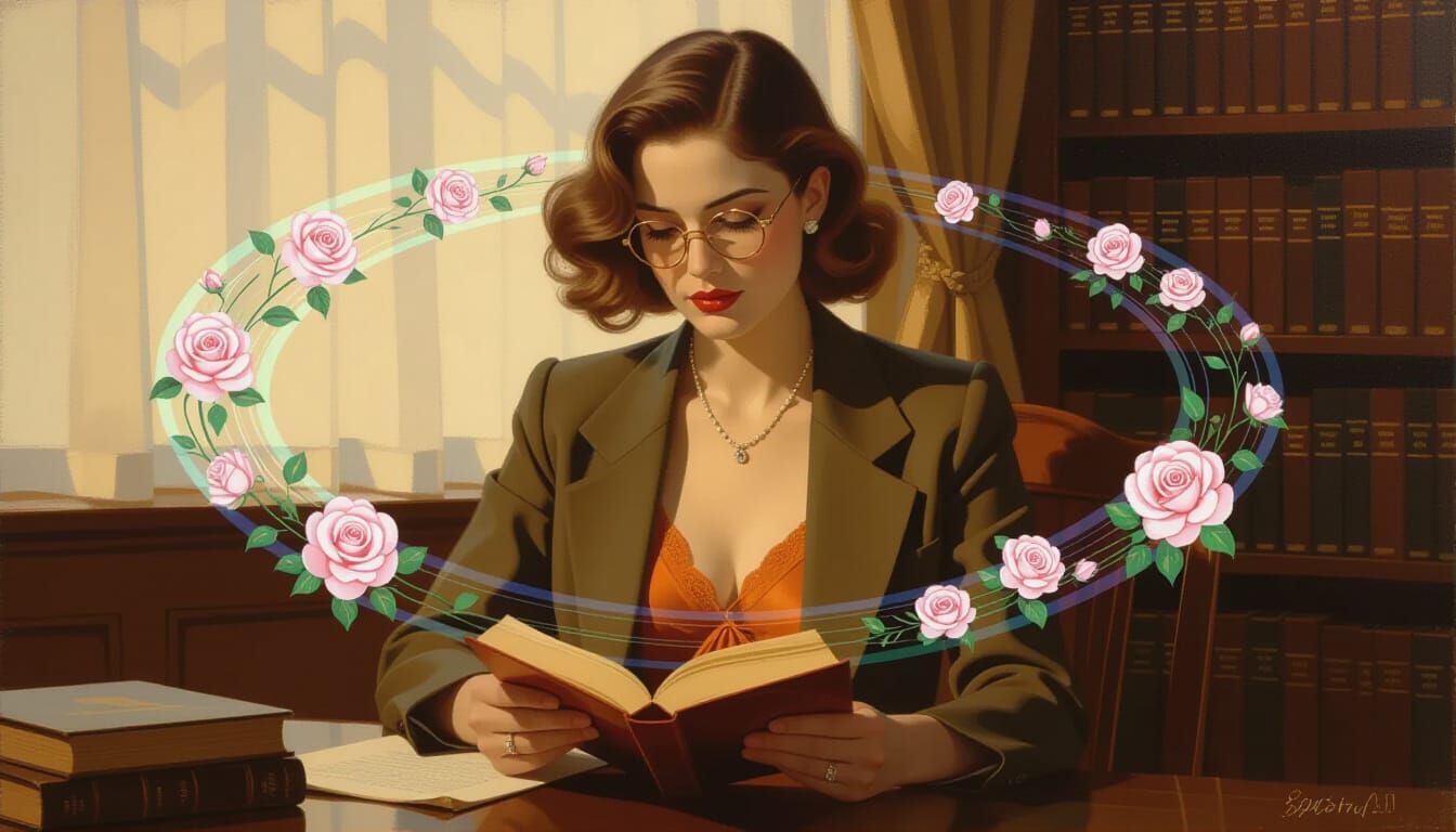 Oil Painting of Scholar with Holographic Text and Roses