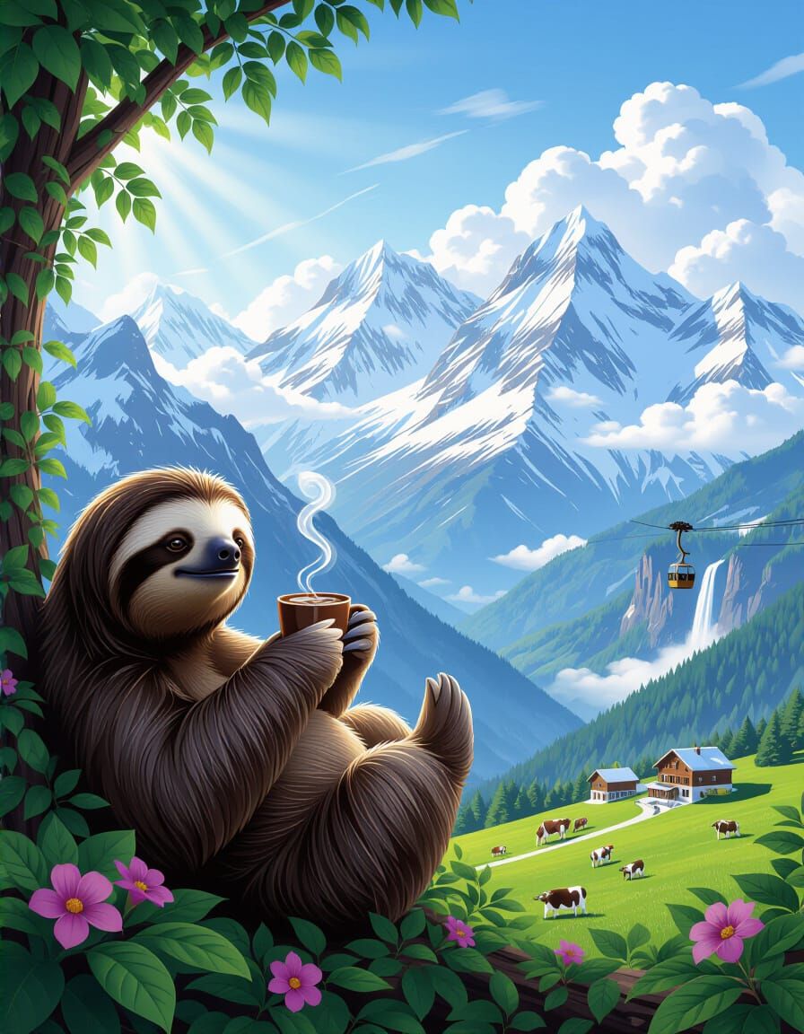 Surreal Sloth in Chocolate Alps Landscape