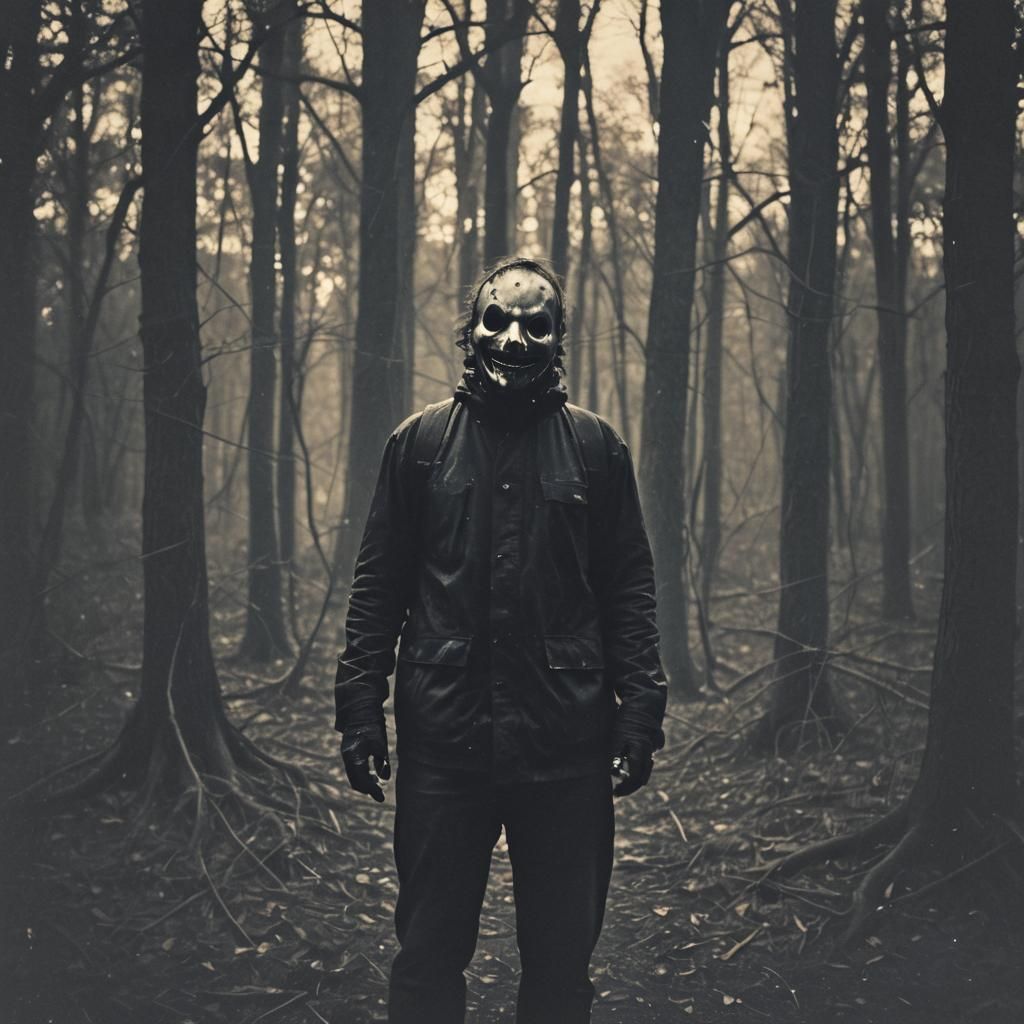 Grinning Figure in Dark, Polaroid-Style Horror