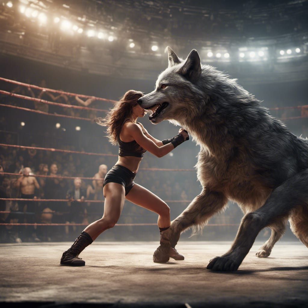 Woman Wrestler Defeats Wolf in Arena: Detailed Matte Paintin...